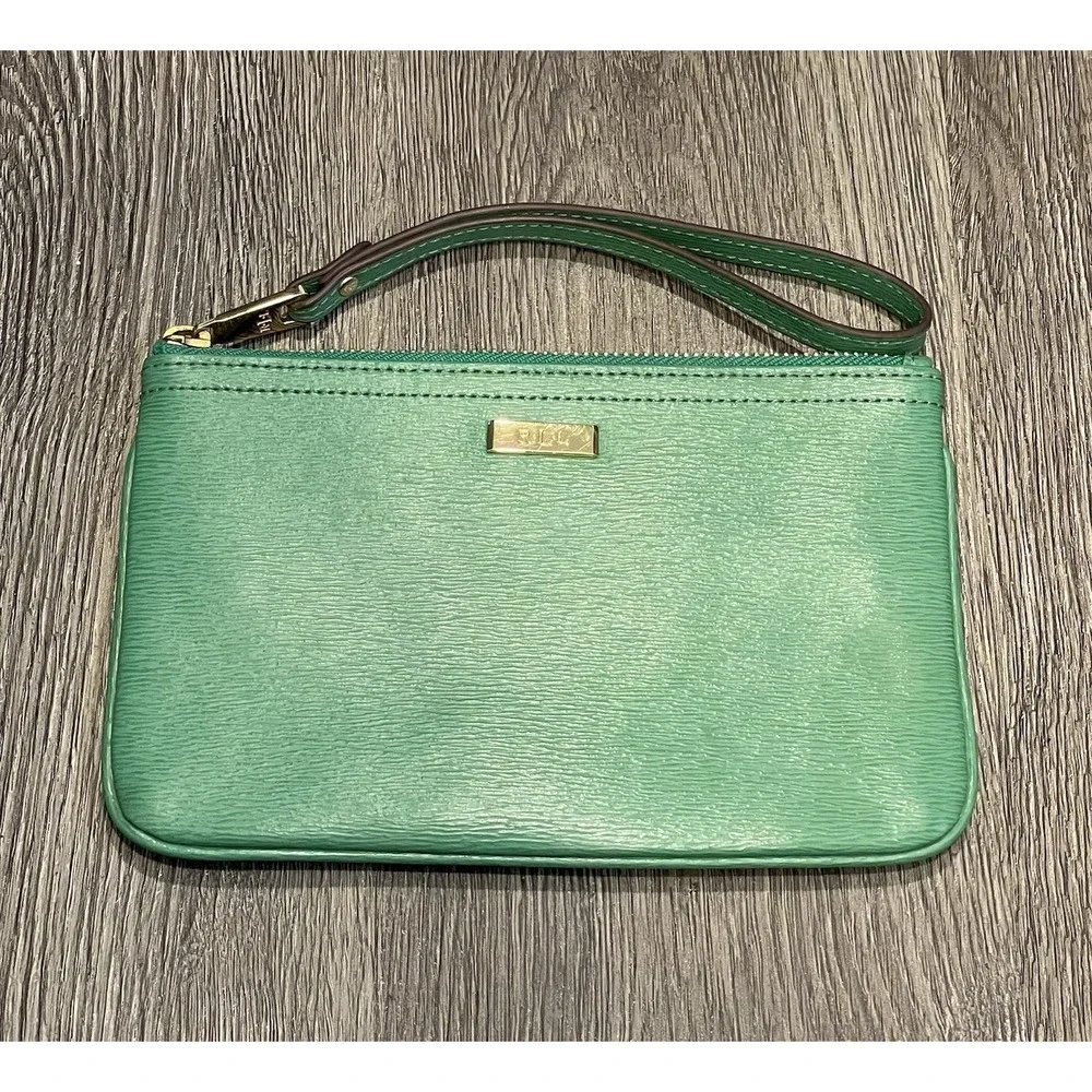 Lauren Ralph Lauren Green Textured Leather Wristlet Gold Hardware‎ Pouch Bag